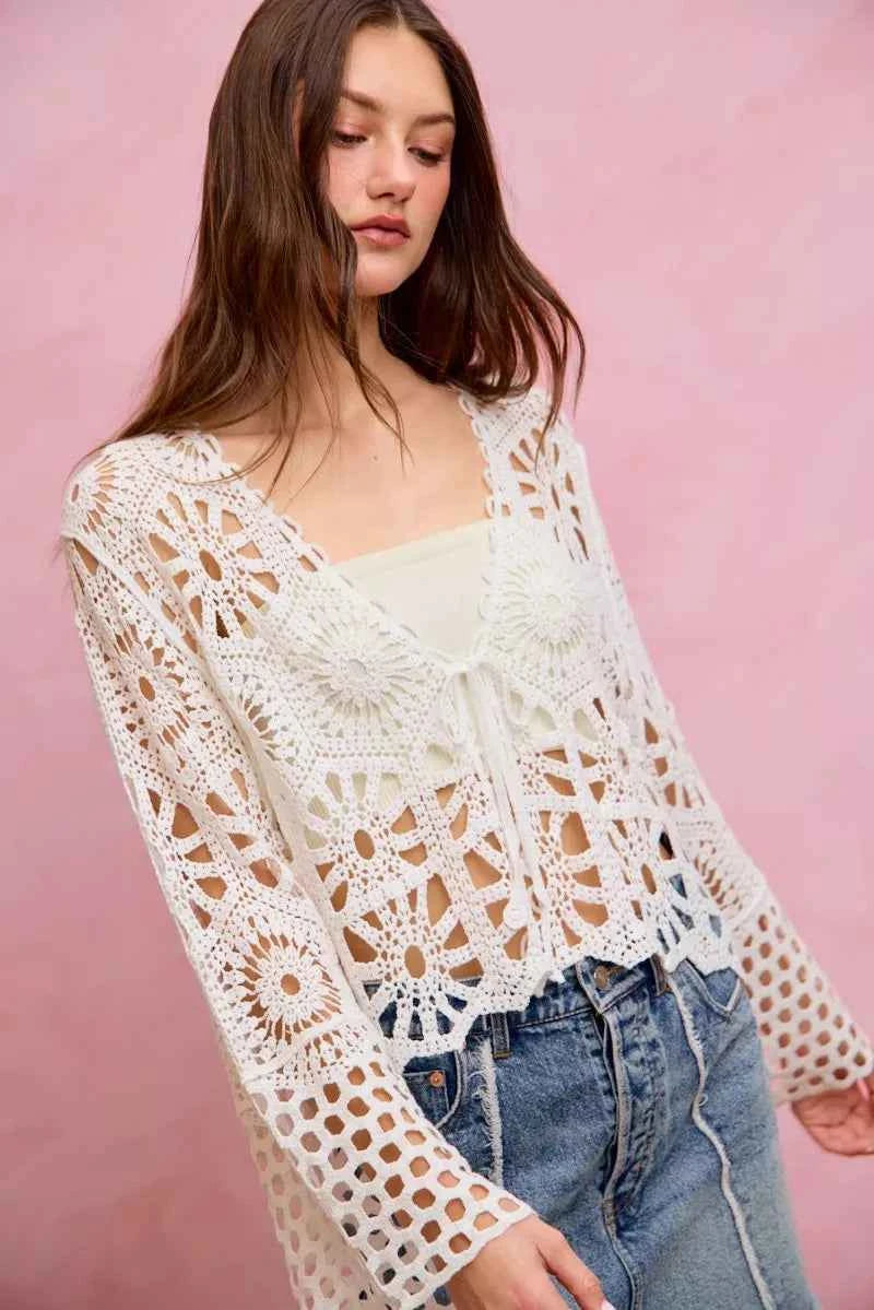SO ME Floral Pattern Crochet Knit Tie Front Crop Cardigan 5c018dd179ff4a3f8113904bba72810c-Max-Origin