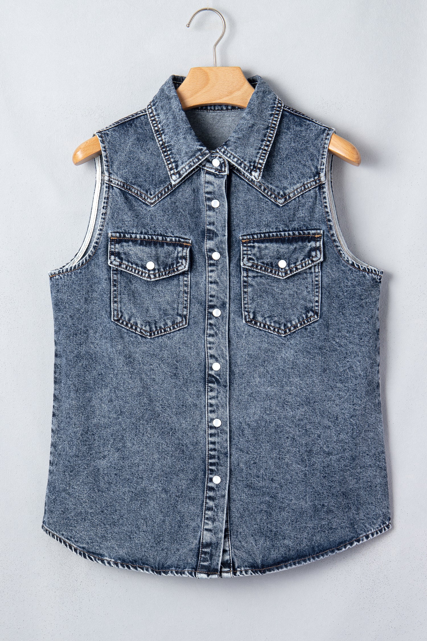 Ashleigh Blue Solid Denim Button Front Pocket Sleeveless Cowboy Vest 5c0763d87be2ffcb