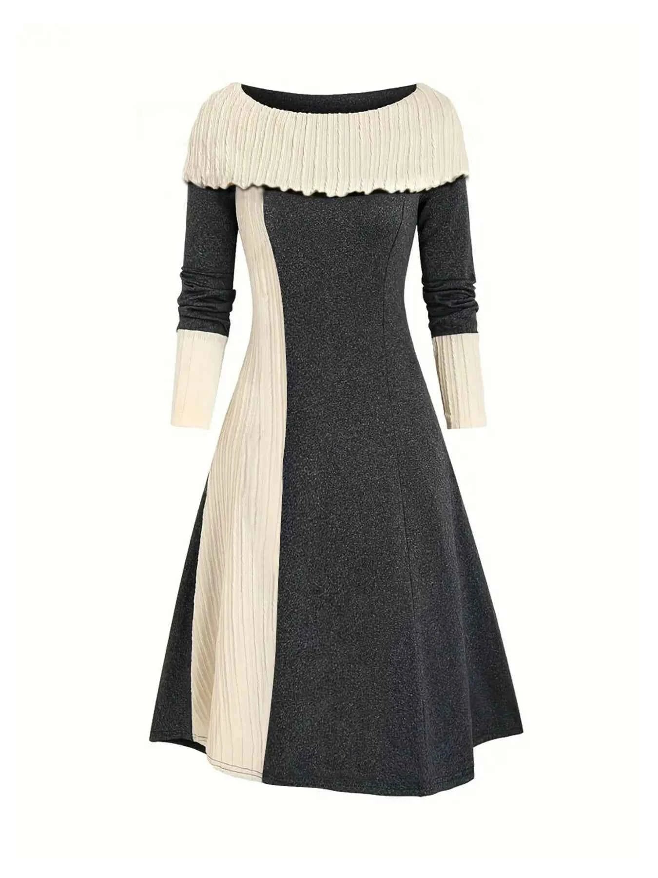 Color Block Ribbed Sweater Dress Dark Gray 5c0944eaf2934da48239945f81547407-Max-Origin