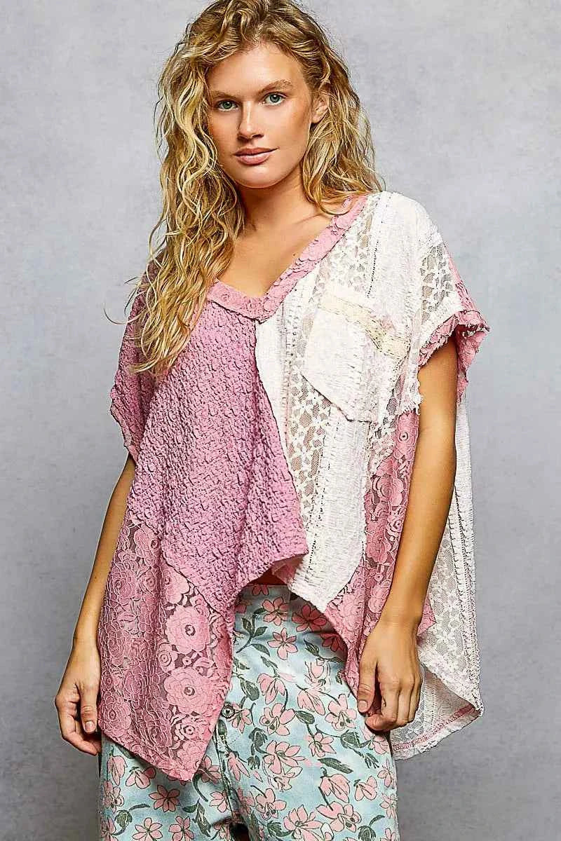POL Asymmetrical V-Neck Short Sleeve Lace Top 5c0b4ec6-cb4d-4df0-9e62-96114660f33c-Max-Origin