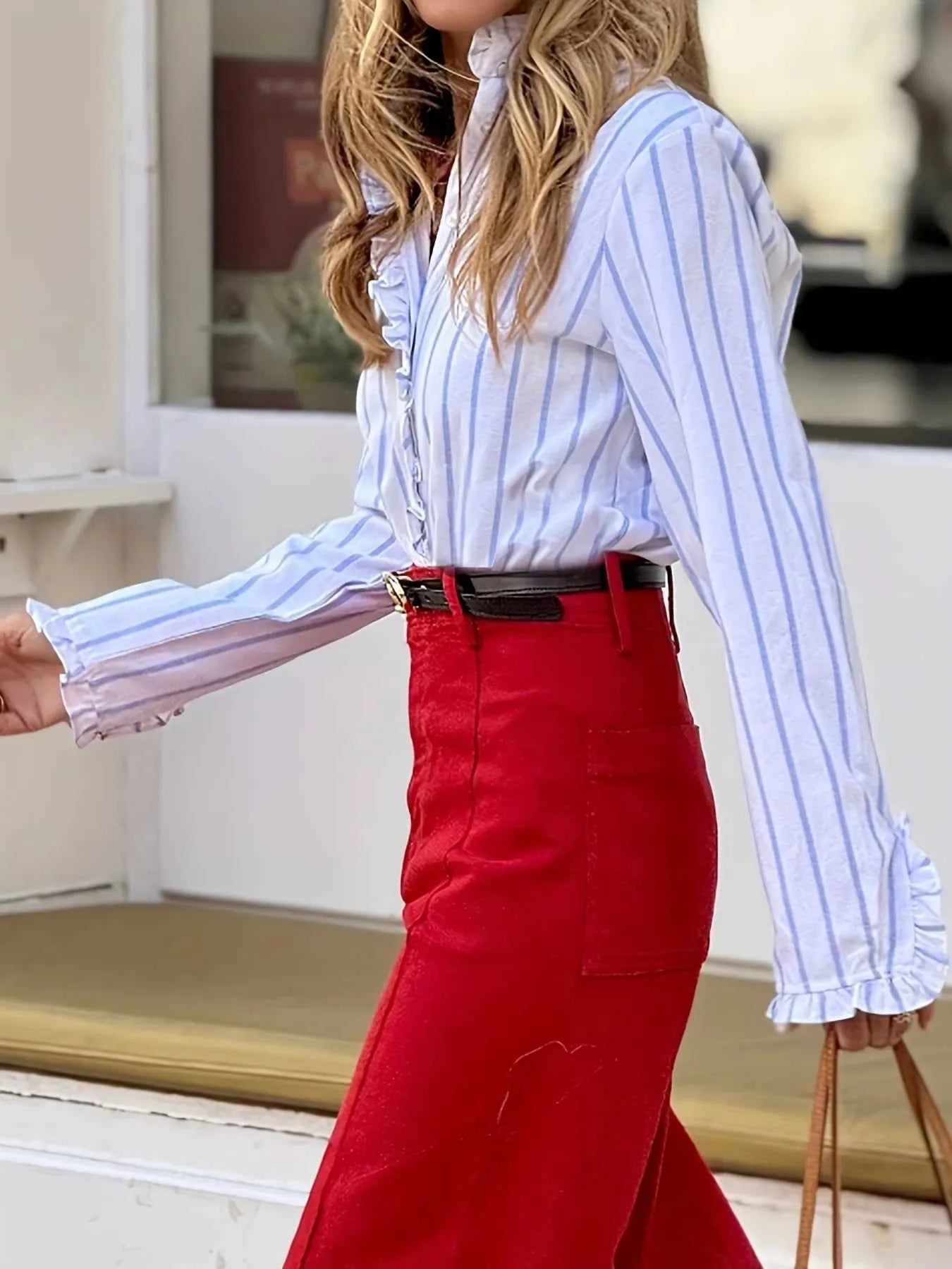 Frill Striped Long Sleeve Blouse 5c0bca4644304281a4cd0ccd6ca518ce-Max-Origin