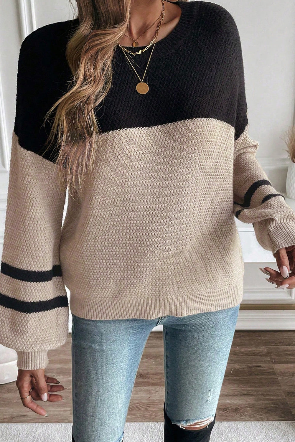 Dark Brown Colorblock Striped Sleeve Detail Knit Sweater 5c0f8fb2911e94b5