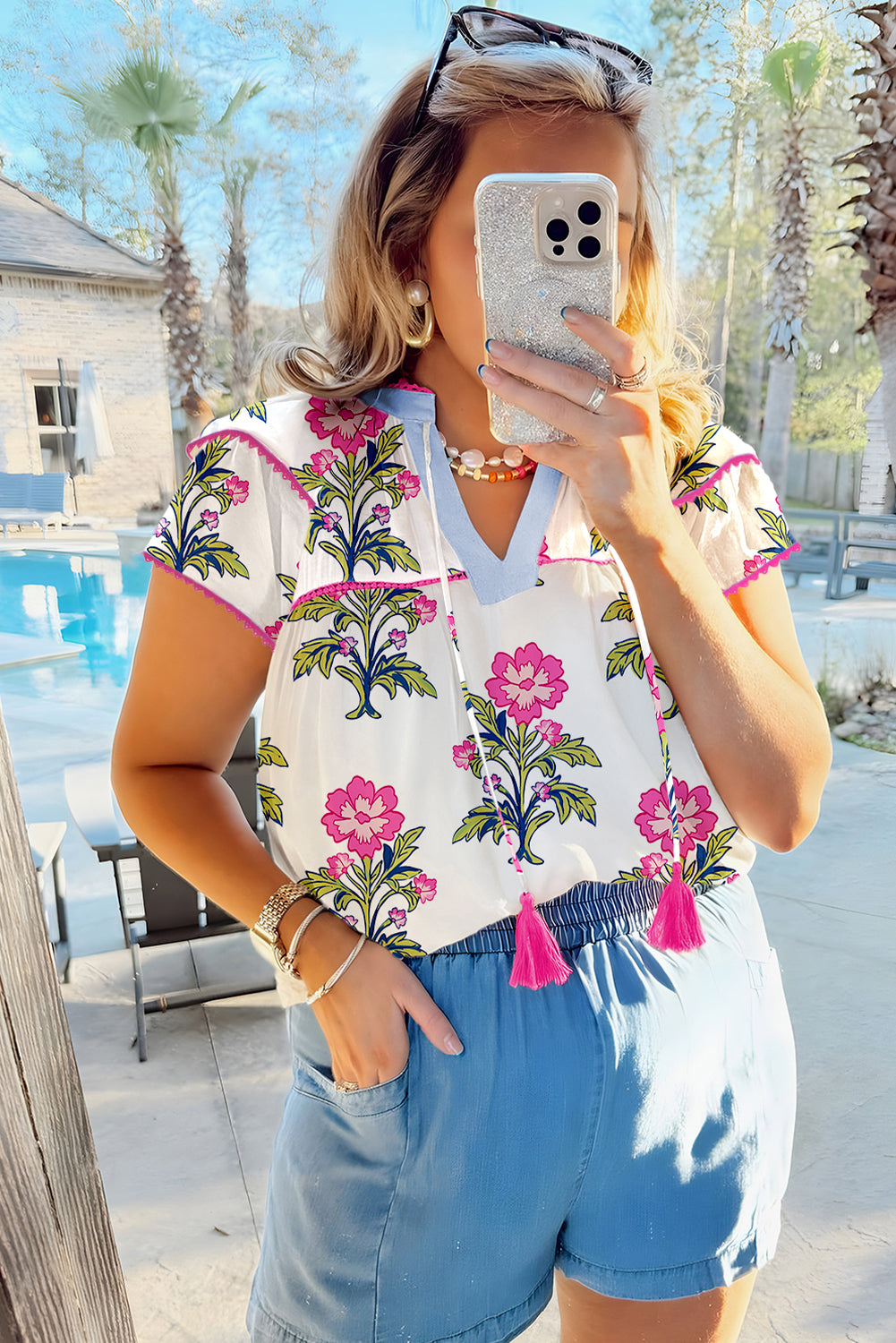 Rose Vintage Floral Print Notched V Neck Plus Size Blouse 5c13da95455756a8