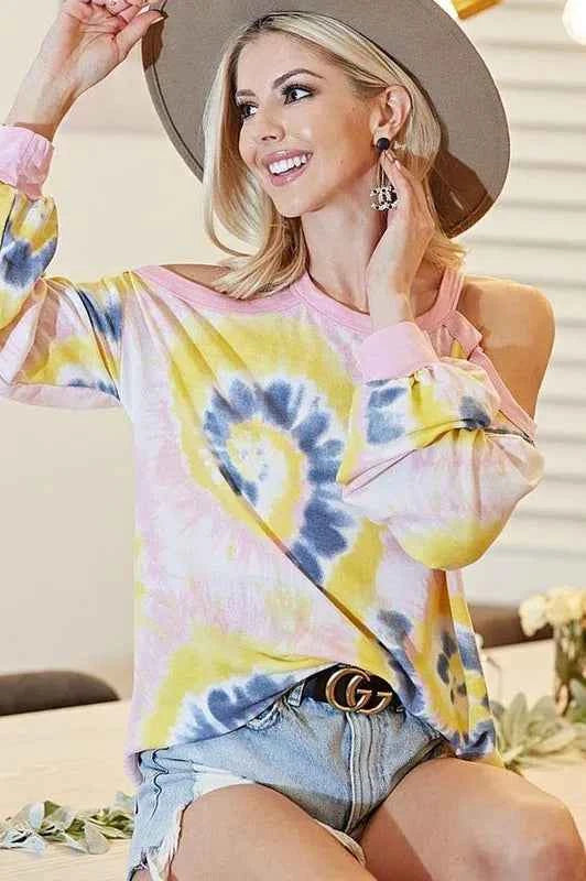 Tie Dye Print Terry Top with Cold Shoulder Detail 5c1478403a654a859b49ed01d0d5f6aa-Max-Origin