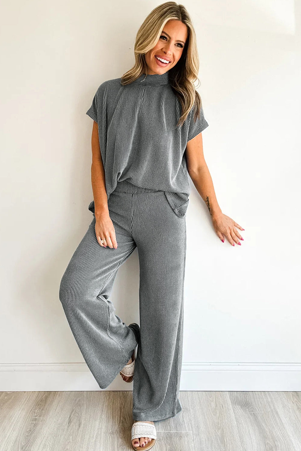 Dark Grey Twisted Ribbed High Neck Loose Tee Elastic High Waist Loose Pant Set 5c151d5d54b724eb
