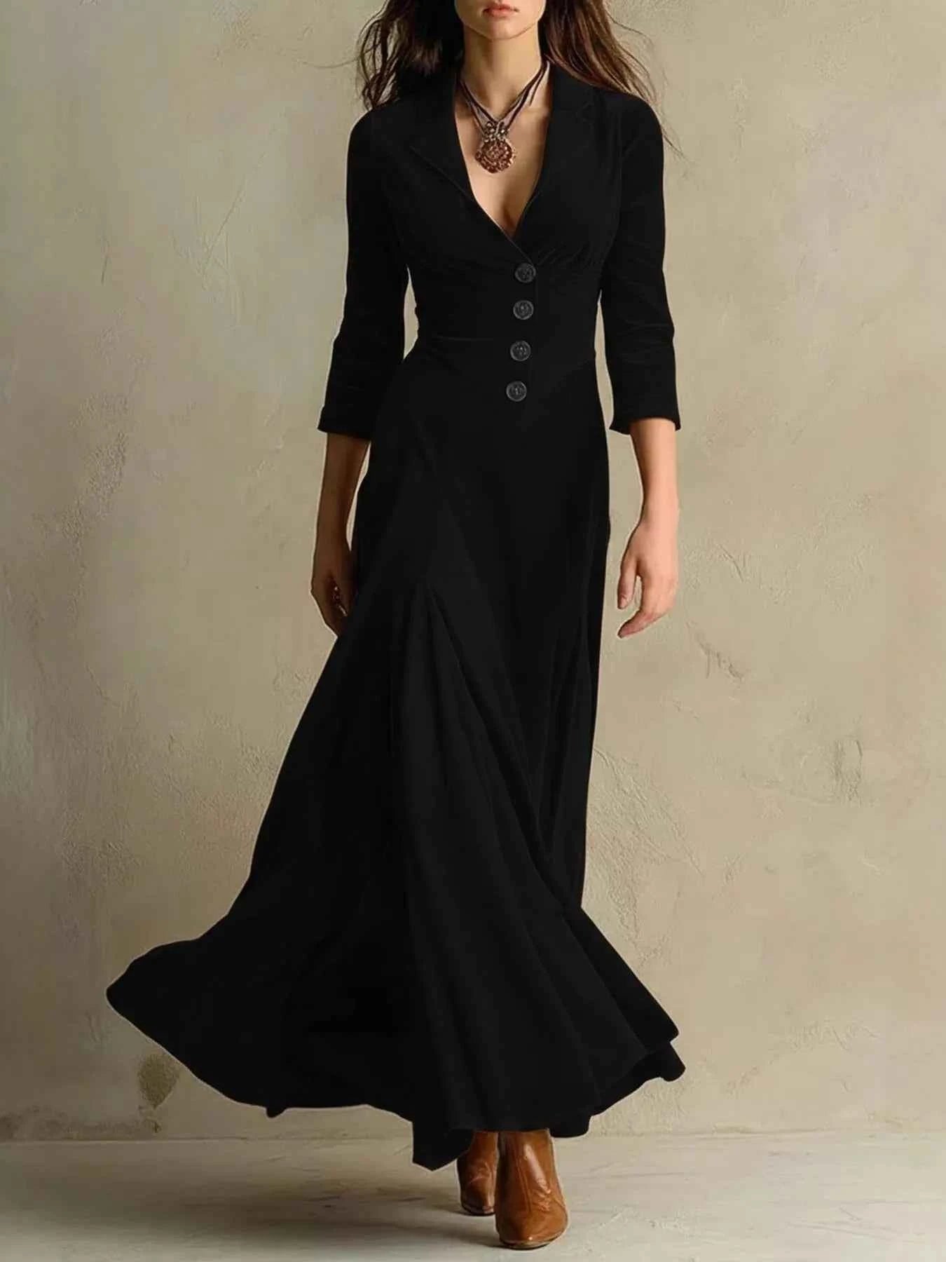 Velvet Button Front 3/4 Sleeve Maxi Dress Black 5c16710b-bc3f-4ff8-8872-7d9814bf6794-Max-Origin