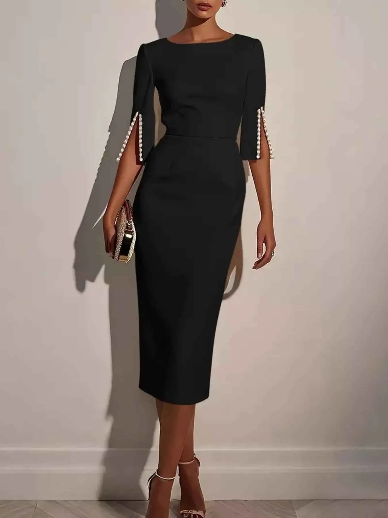 Slim-Fit Elegant Midi Dress with Beaded Slit Sleeve Black 5c190a521b324e3397556d21b66e201c-Max-Origin