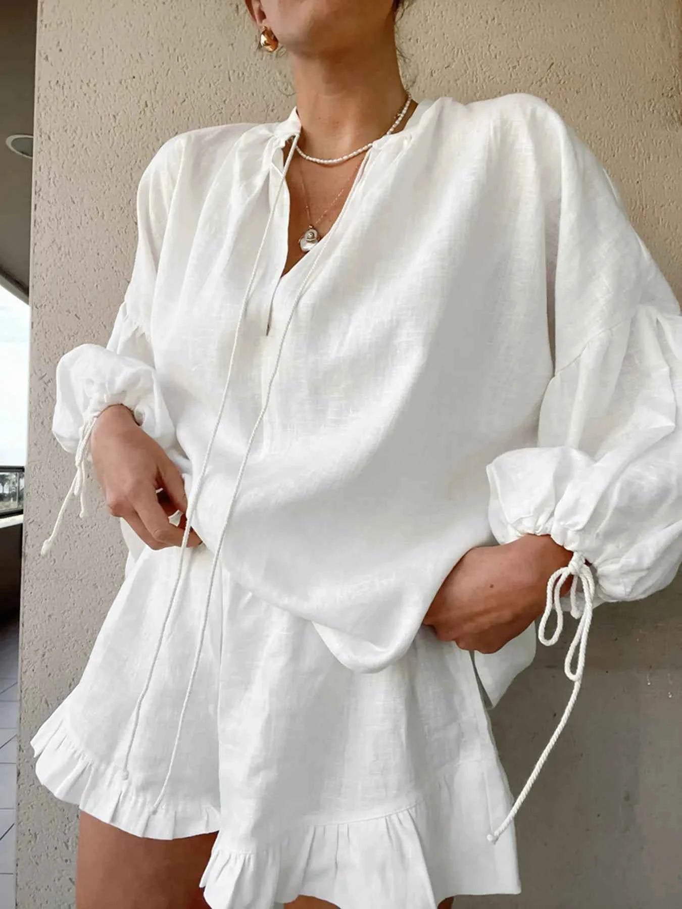 Tie Neck Balloon Sleeve Blouse and Shorts Set White 5c1b8807a82f4d508814d73943a60754-Max-Origin