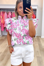 Pink Floral Print Ruffle Sleeve Frilly Button Up Shirt