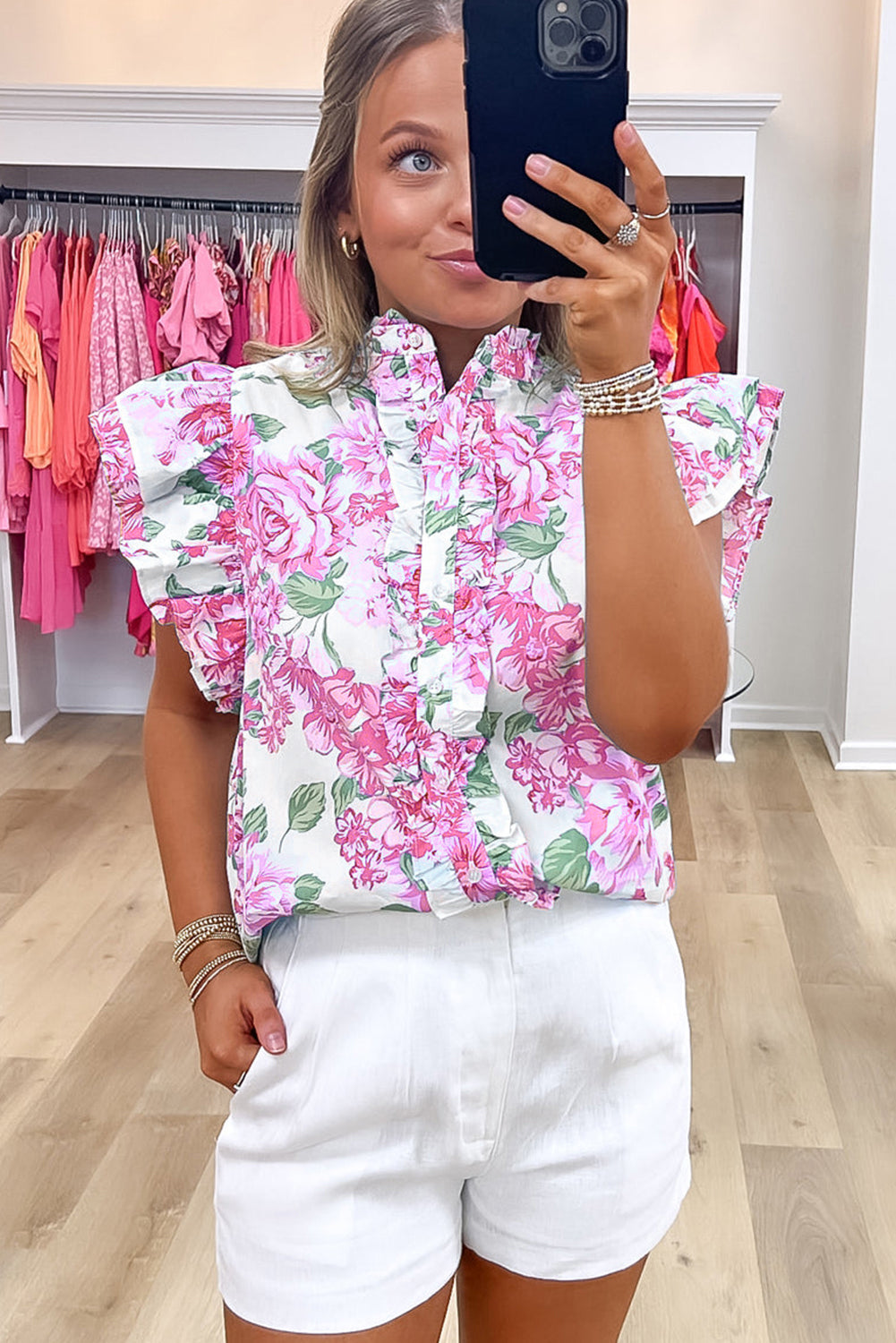 Pink Floral Print Ruffle Sleeve Frilly Button Up Shirt 5c1be05152f5c818