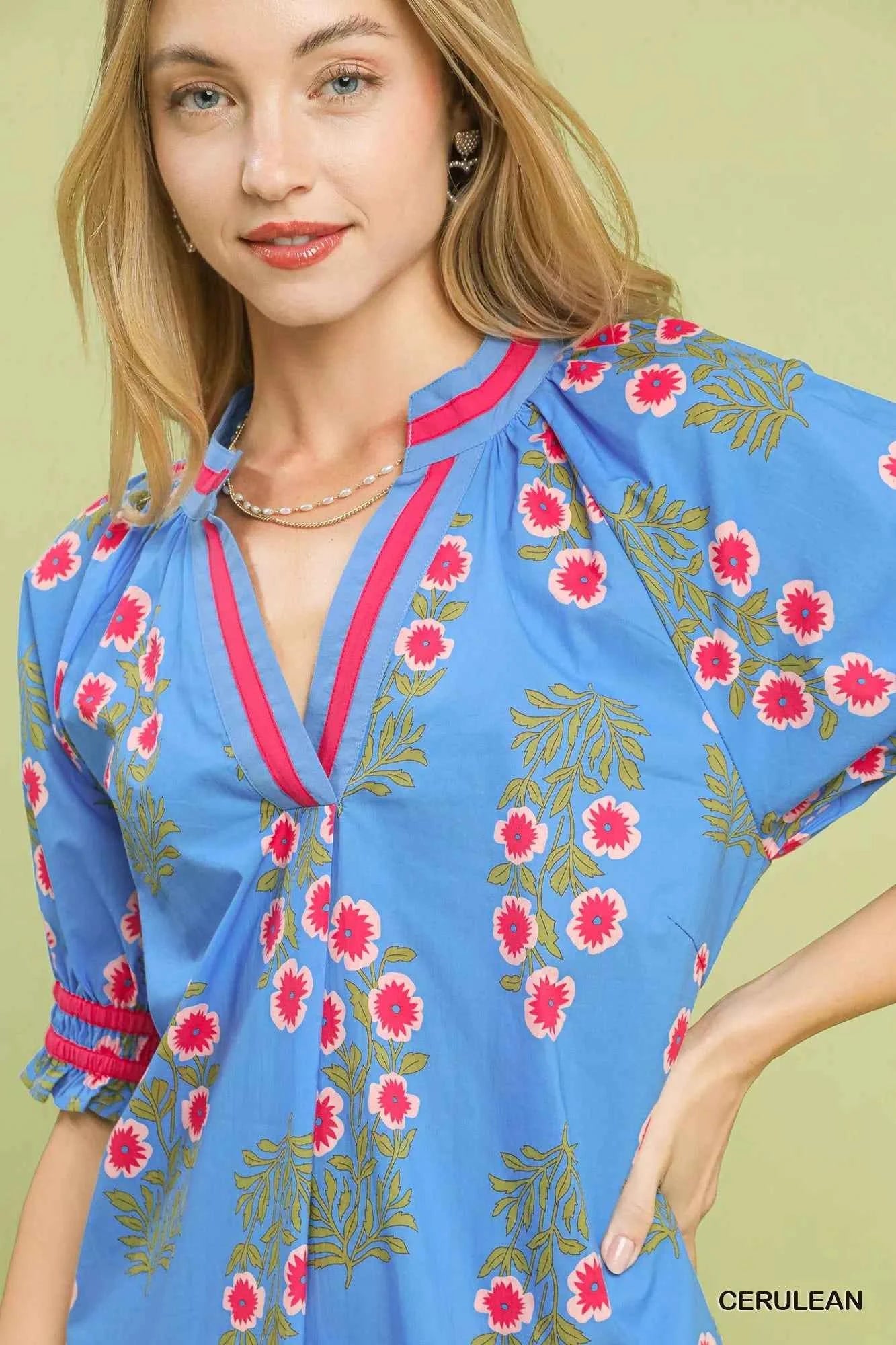 Umgee Floral V-Neck Puff Sleeve Top 5c1bf018-391a-4229-acf0-7b357fe3c0f2-Max-Origin