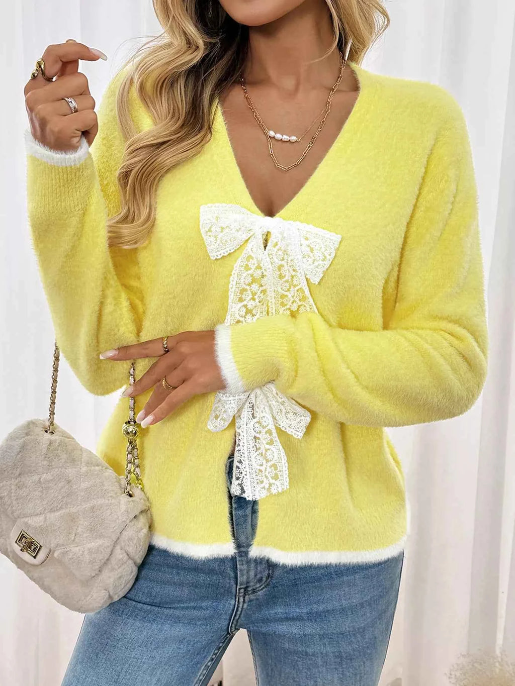 Lace Bow-Tie Front Long Sleeve Cardigan 5c253c5528164242914c2d6d74772727-Max-Origin