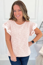 Light Pink Twilled Print Lace Trim Ruffled Short Sleeve Blouse 5c30faa956c47037