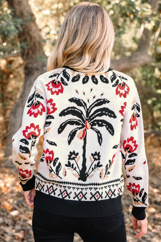 Beige Floral Print Buttoned Front V Neck Knit Cardigan
