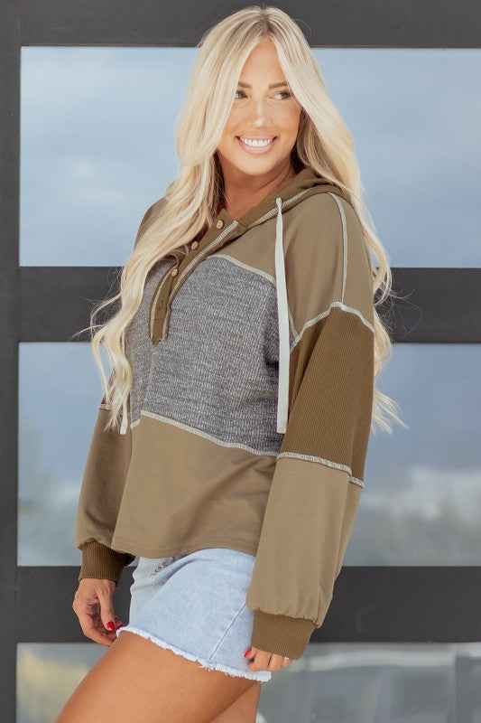 Waffle Knit Patchwork Buttoned Hooded Sweatshirt 5c33b6a0-476c-4fe5-b05b-8b6046dff867