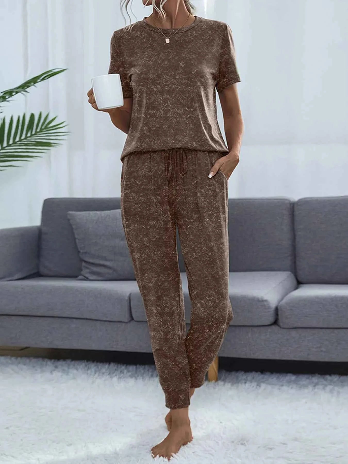 Round Neck Short Sleeve Top and Pants Lounge Set Coffee Brown 5c3fa74325404cb1aa765ca25aea55ac-Max-Origin