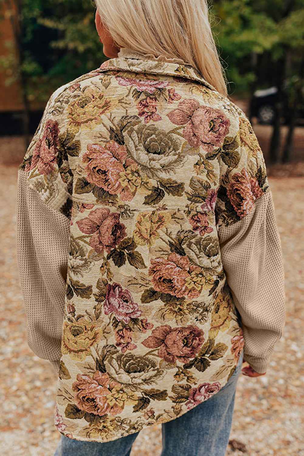 Khaki Floral Waffle Knit Patchwork Chest Pockets Buttoned Jacket 5c4122eb04fb3c2f