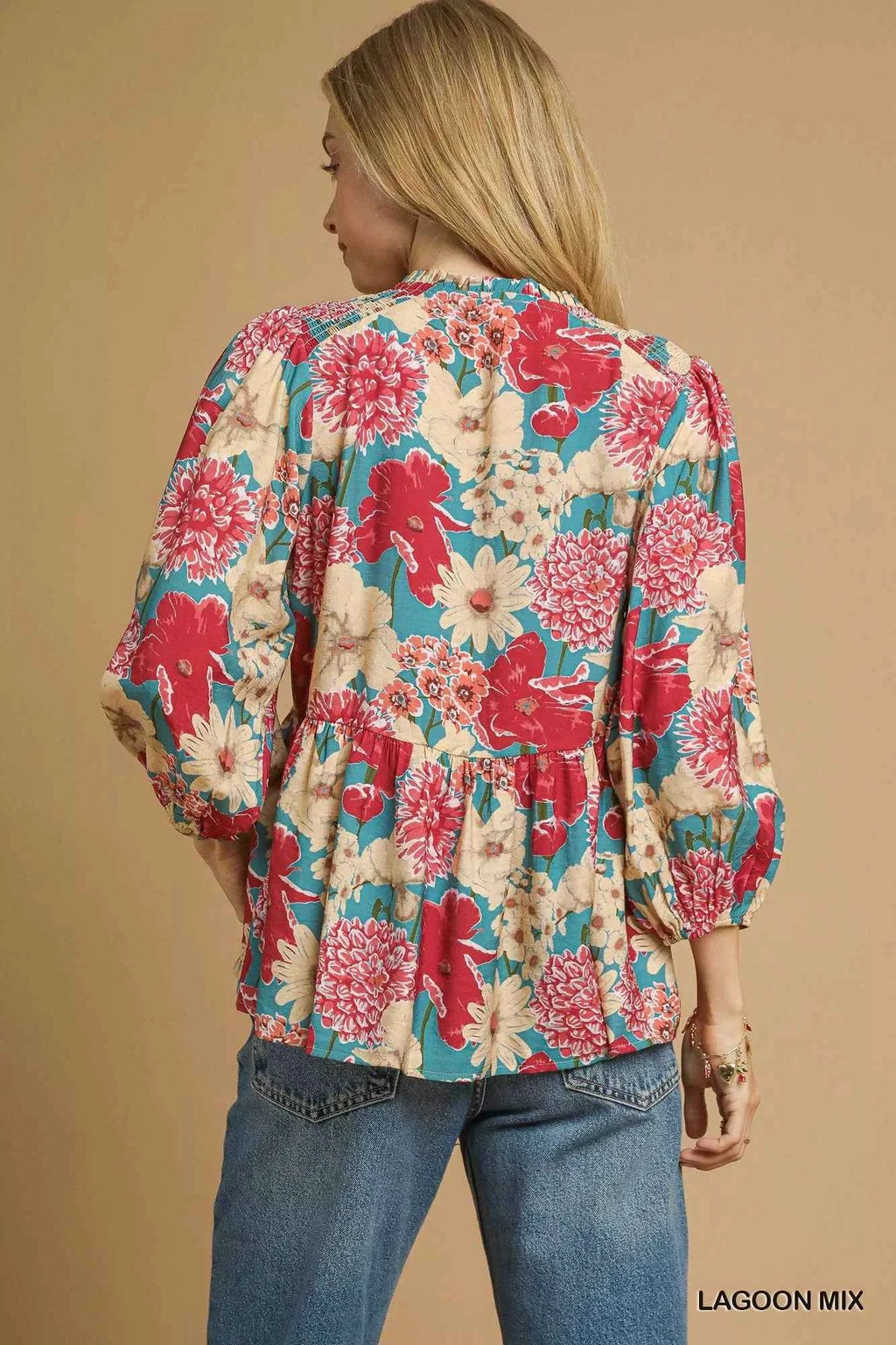 Umgee Mix Floral Peplum Blouse with Tie Neck 5c41eff9-6cb0-43c9-a656-472458a2a348-Max-Origin
