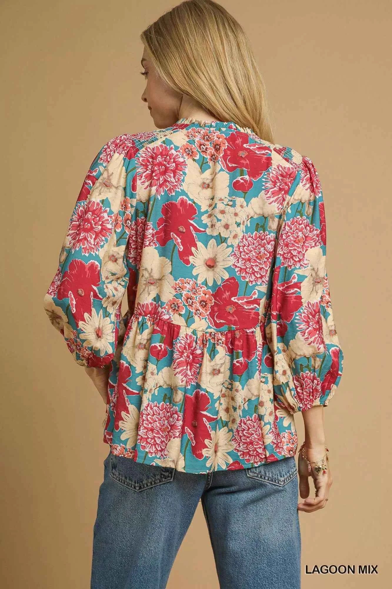 Umgee Mix Floral Peplum Blouse with Tie Neck 5c41eff9-6cb0-43c9-a656-472458a2a348-Max-Origin