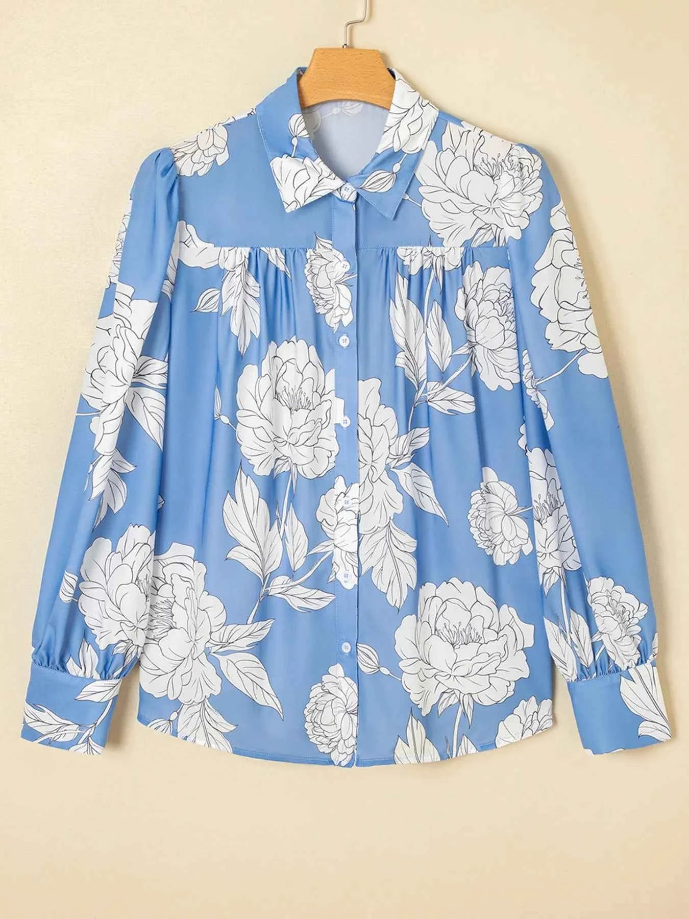 Floral Print Button Up Pleated Detail Puff Sleeve Shirt 5c42ace4f6c24226a28d12d136701978-Max-Origin