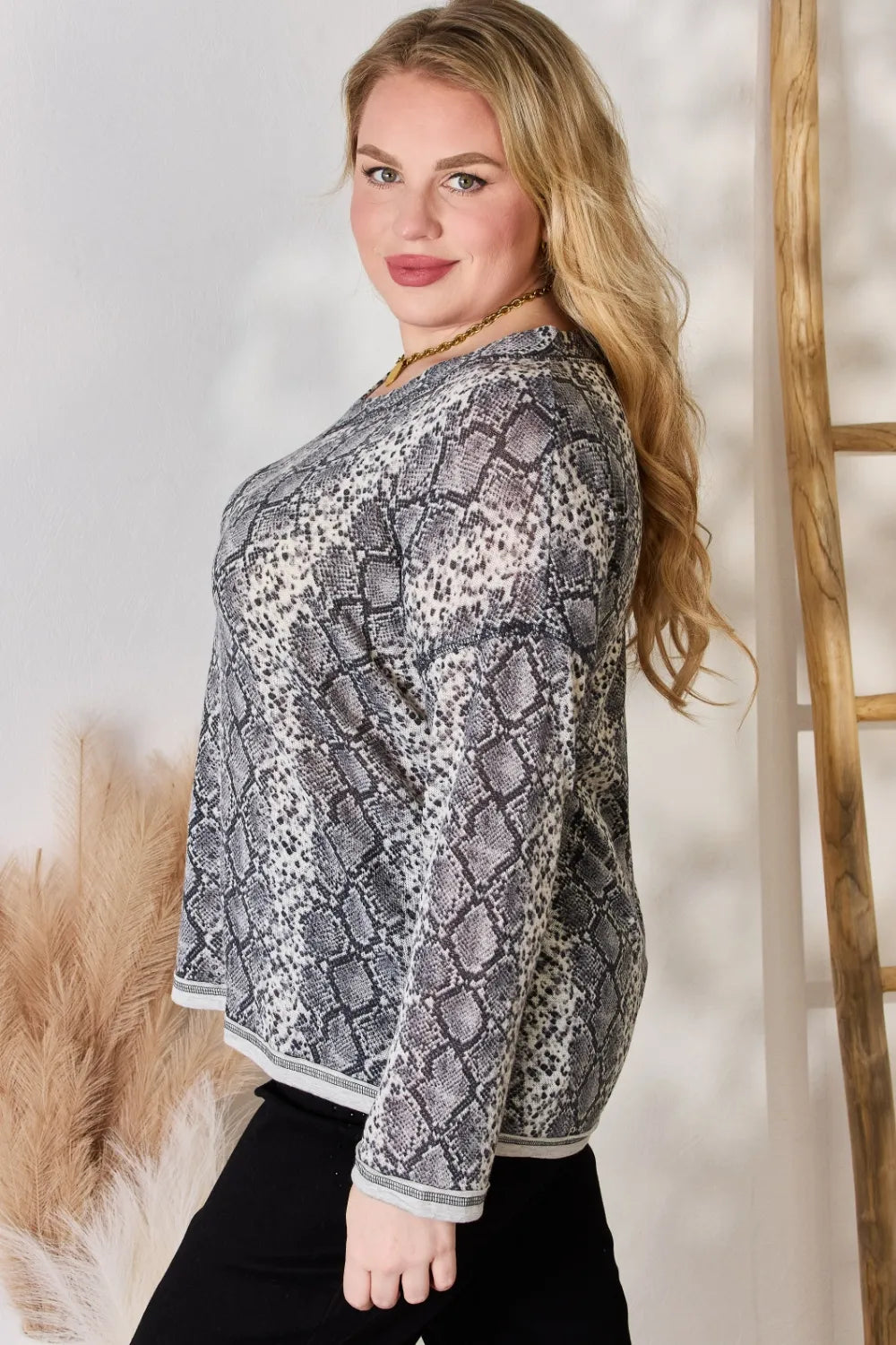 Hailey & Co Full Size Snakeskin V-Neck Long Sleeve Top 5c42eca5-0461-4412-a985-5f0aeb915e73-Max