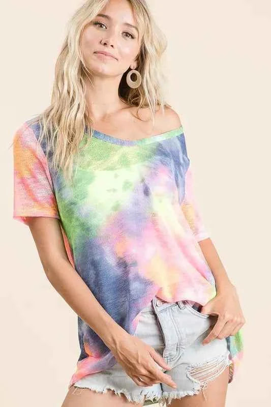 Tie Dye Print Low Gauge Deep U Neck Top 5c4573a5a3fb4ee2a8f4ac9ce5b80d28-Max-Origin