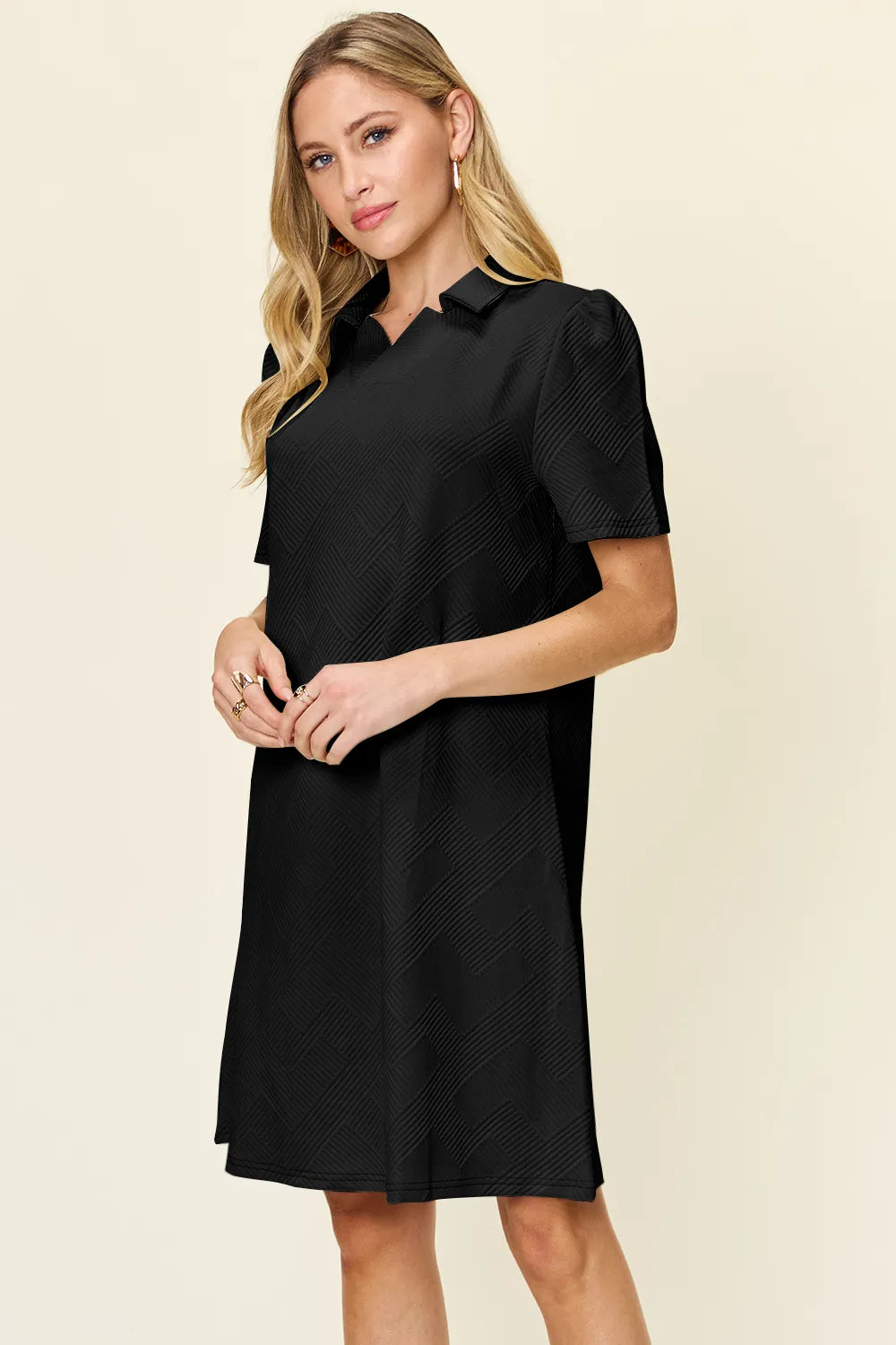 Double Take Full Size Texture Collared Neck Short Sleeve Dress 5c48f164-9f44-4a01-abf7-f6d90736cc3b-Max