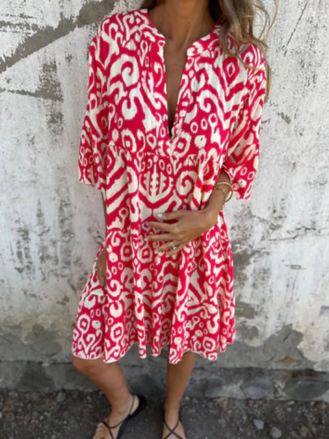 Full Size Printed Notched Half Sleeve Dress Plus Size Deep Rose 5c4b17f7-c3d0-4730-83ae-c3579b67c4cb-Max-Origin