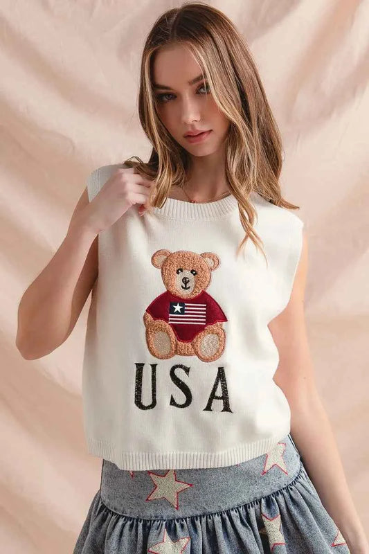 SO ME Teddy Bear Wearing An American Flag With Usa Embroidered Sweater Vest 5c506778e2b54f0ba7a20e900c31e78e-Max-Origin