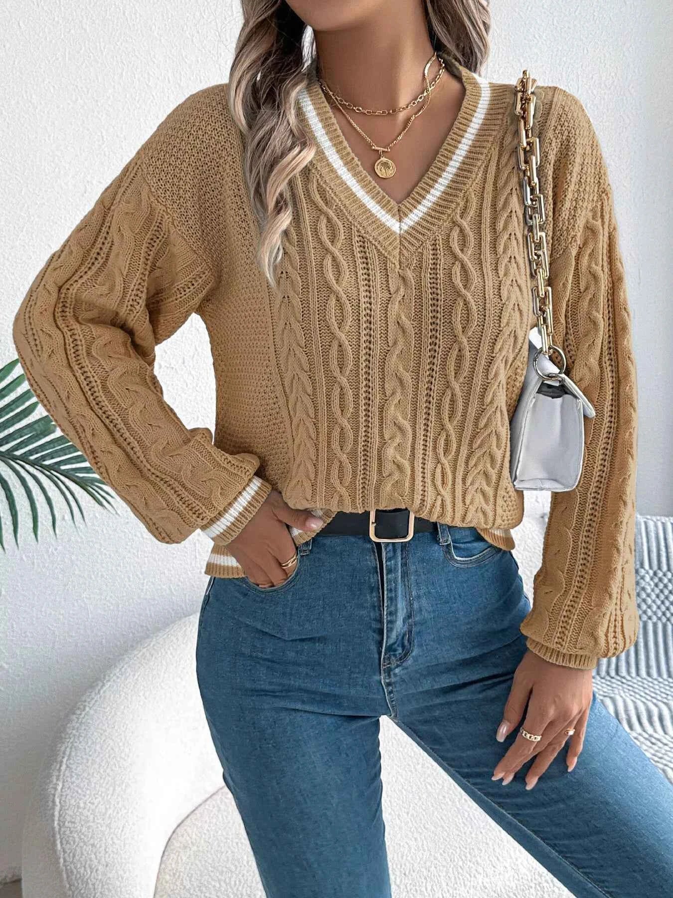 Cable Knit V-Neck Long Sleeve Sweater 5c545c09097440d7bae6650b45c83b5f-Max-Origin