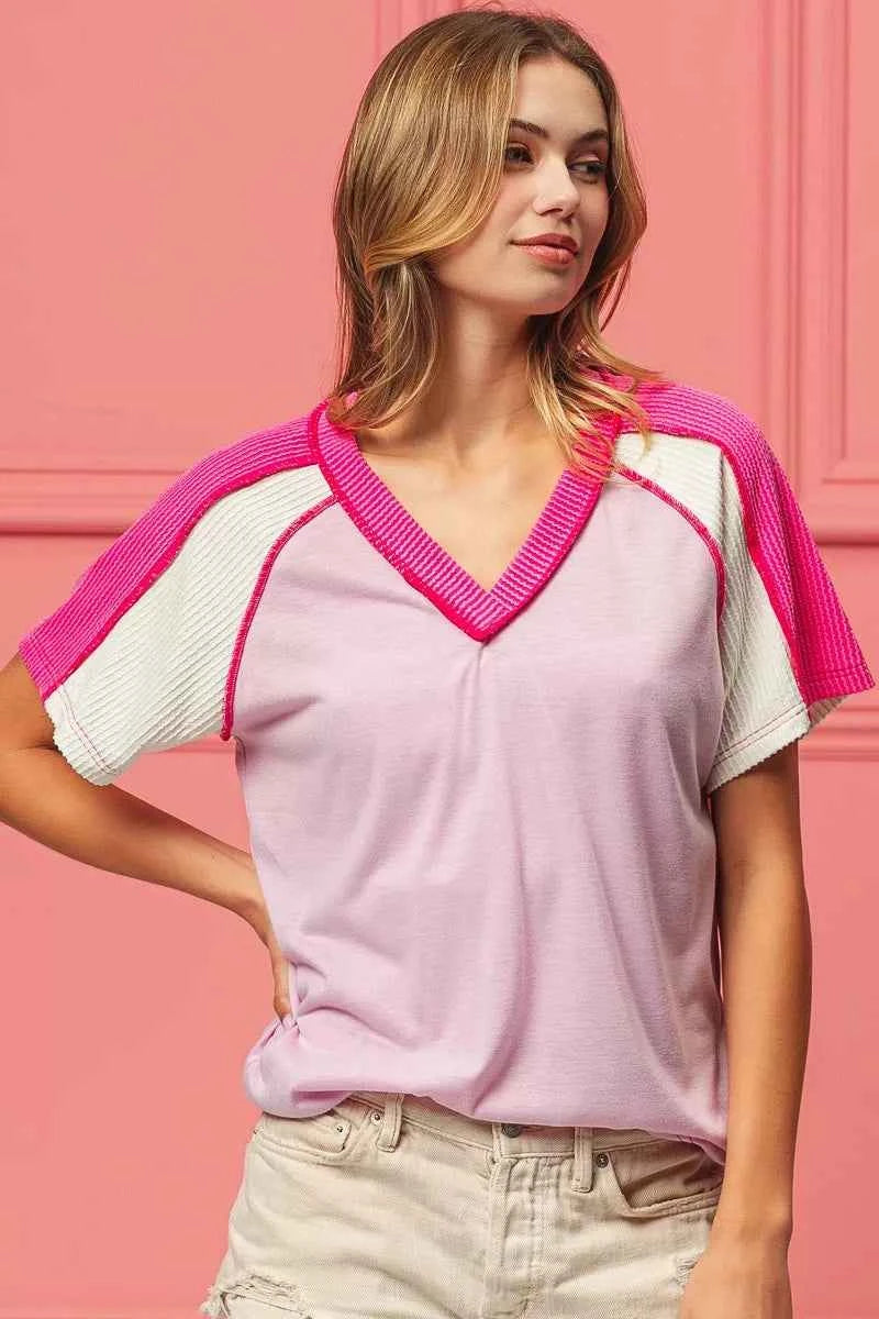 BiBi Cord Rib Combo V Neck Jersey Knit Top 5c55ff05-68a1-4524-bc6c-19361dc35b1a-Max-Origin