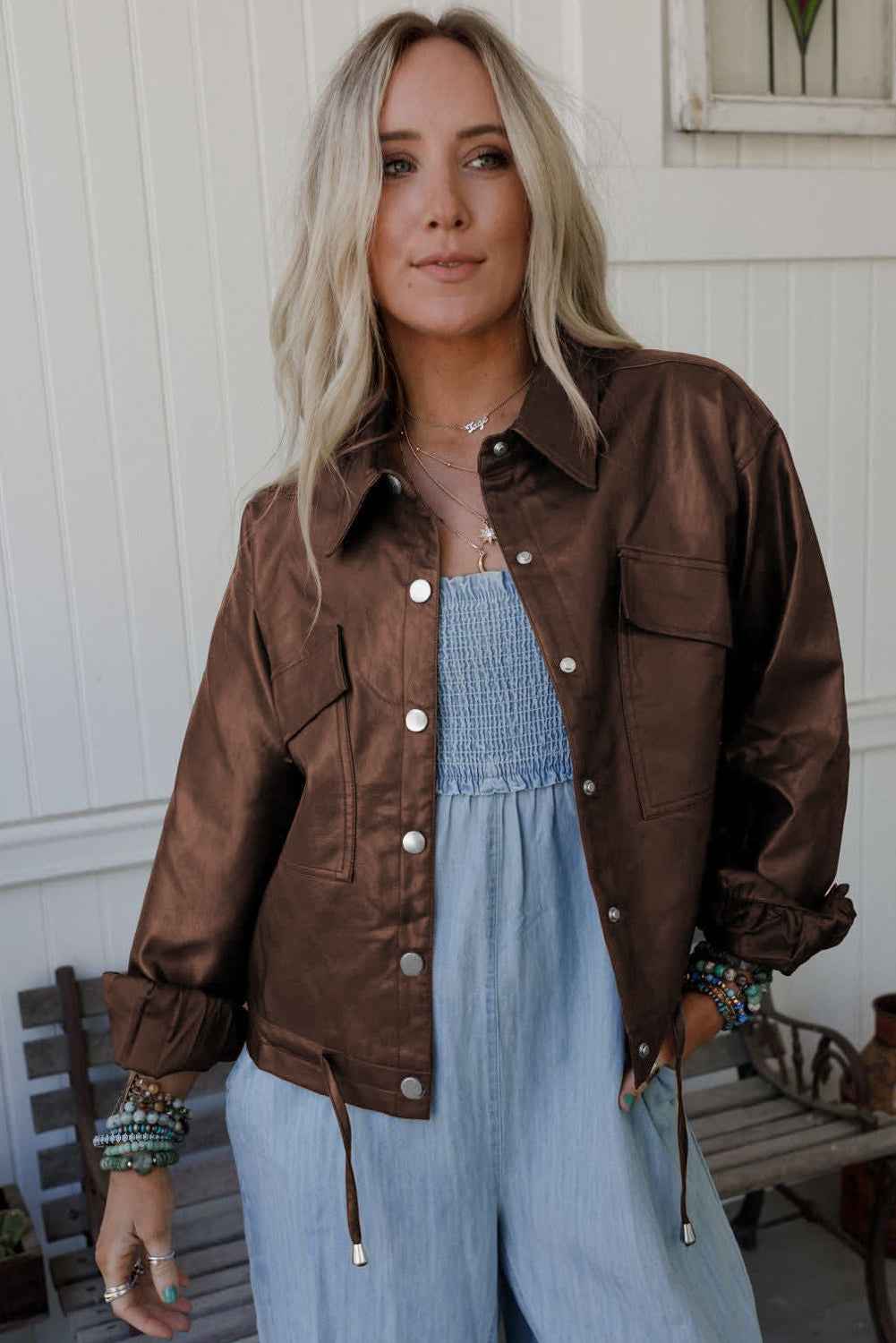 Chicory Coffee Flap Pocket Drawstring Hem Leather Jacket 5c58e2070802897f