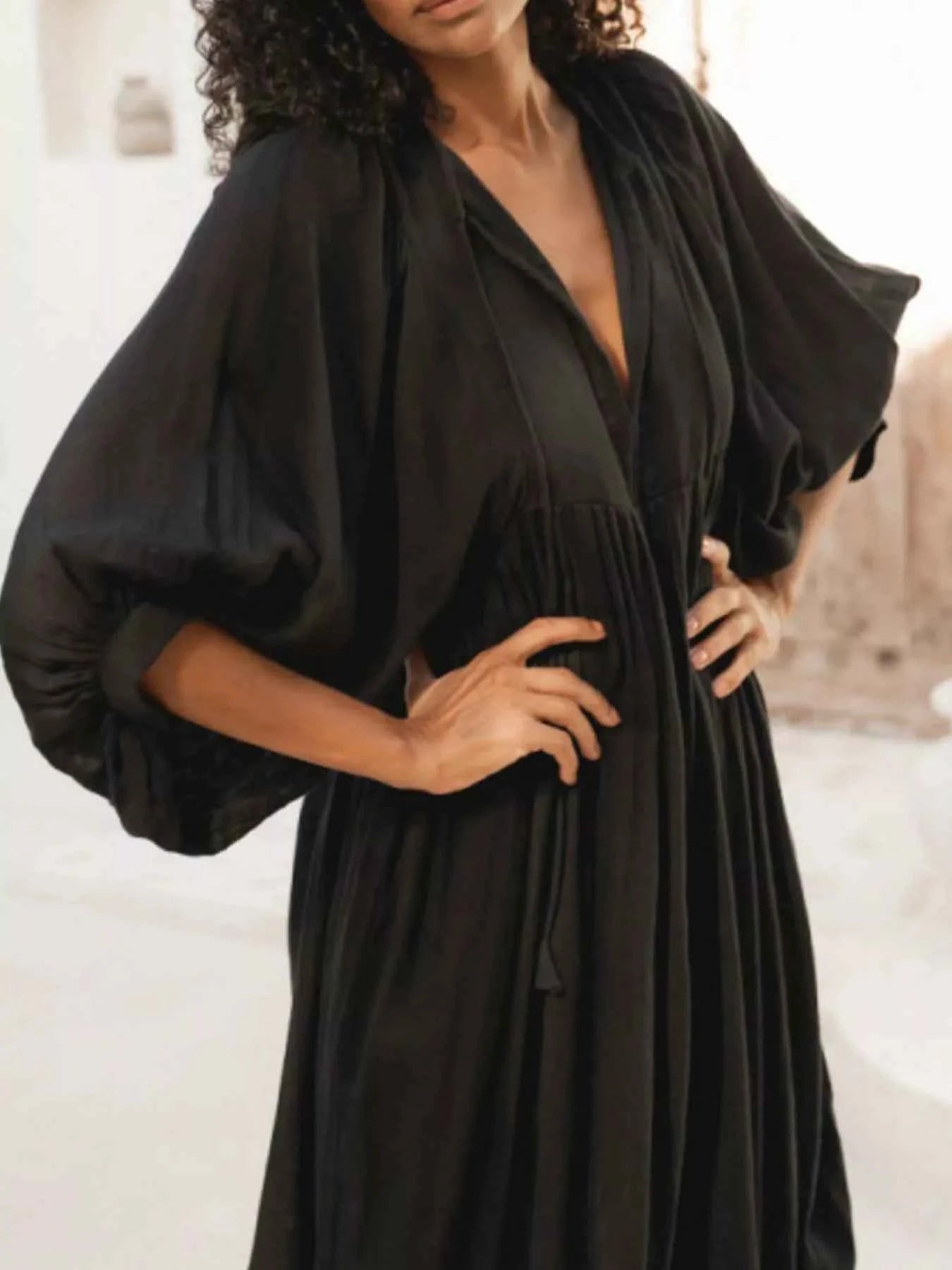 Tie Neck 3/4 Sleeve Midi Dress 5c59cd84-0439-4c92-9ef4-c0291d0f64c7-Max-Origin
