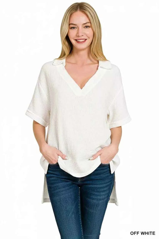 Zenana Double Gauze Short Sleeve High-Low Top 5c5cf99e-e573-4a73-8d14-ace5263a28f9-Max-Origin