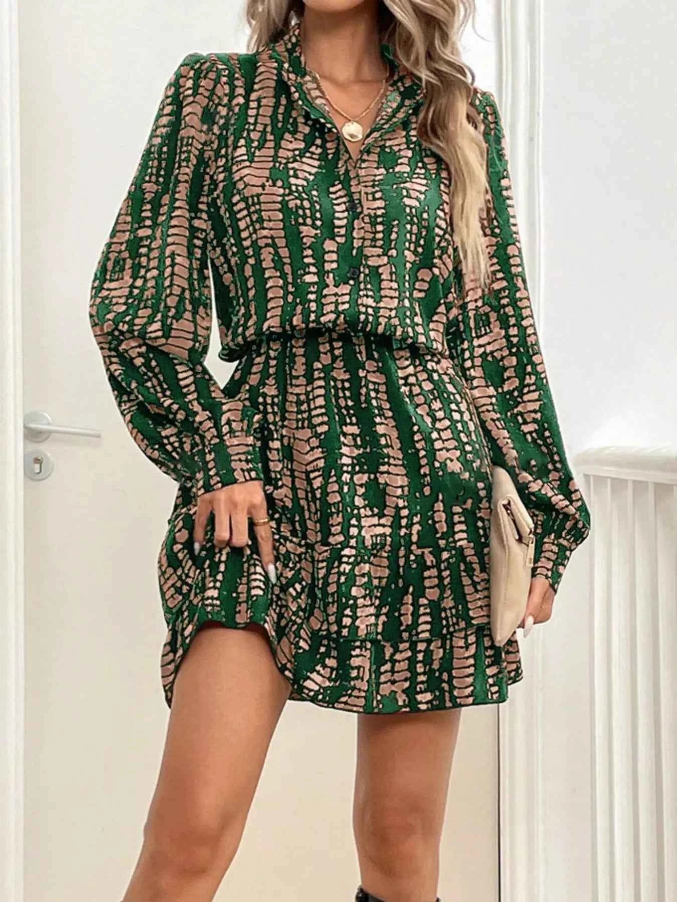 Printed Long Sleeve Mini Dress Dark Green 5c5e032e18974c648f46fb868ff423fe-Max-Origin