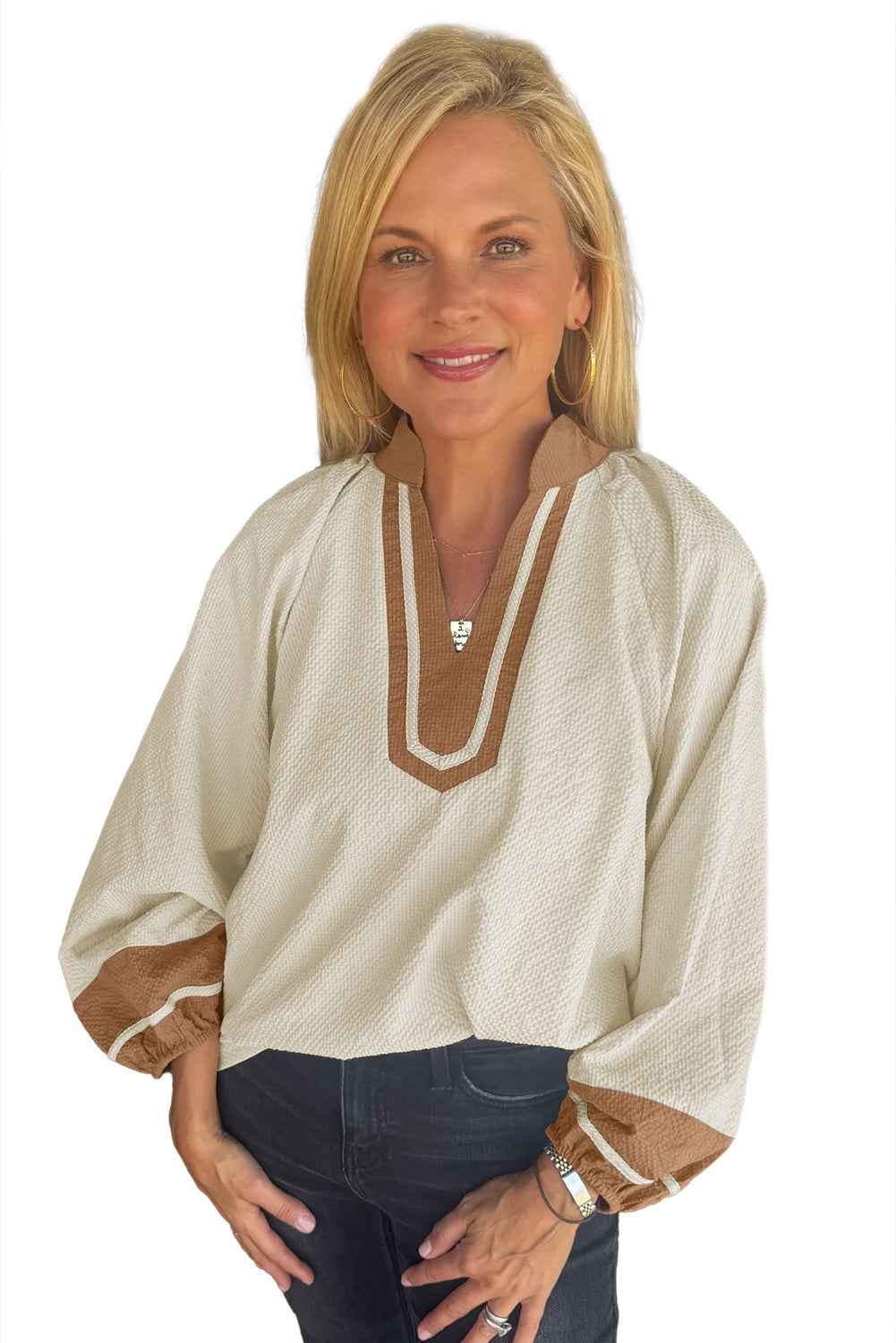 Black Colorblock Contrast V-neck Long Sleeve Blouse 5c60cc478a08bae7