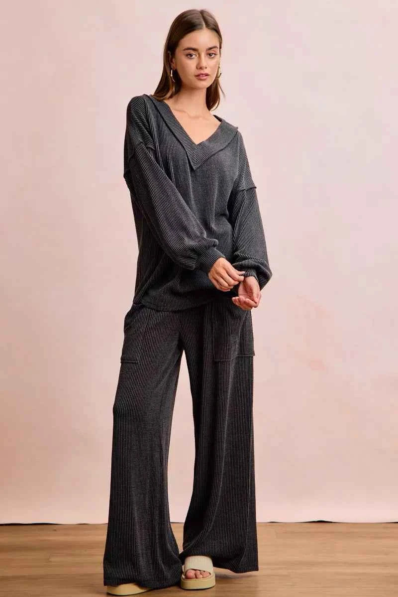 BiBi Two Tone Cord Rib Contrast Stitching V-Neck Top and Pants Set 5c61aa149ba242ca981d6bb236c6ff3d-Max-Origin