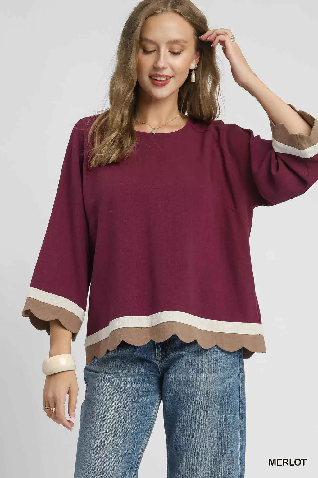 Umgee Scalloped Hem Color Block Top MERLOT 5c63bd9d-1a93-425b-8622-a02bfb2a702f-Max-Origin