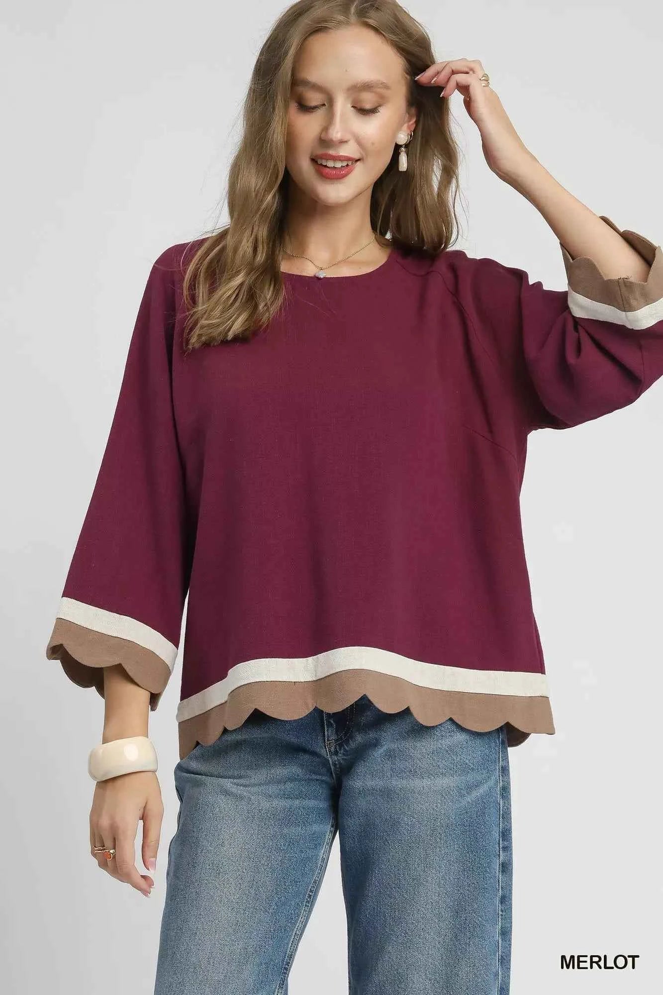 Umgee Scalloped Hem Color Block Top MERLOT 5c63bd9d-1a93-425b-8622-a02bfb2a702f-Max-Origin