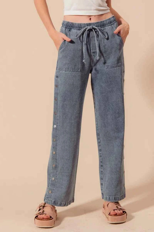 Mid Rise Drawstring Jeans with Side Snap Button 5c656ac3583c4711acb52c6b9e58e5cf-Max-Origin
