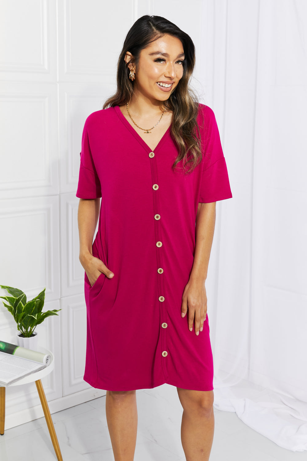 BOMBOM Sunday Brunch Button Down Knee-Length Dress in Magenta Deep Purple 5c66c503b6c147d0827f594d189df9de-Max