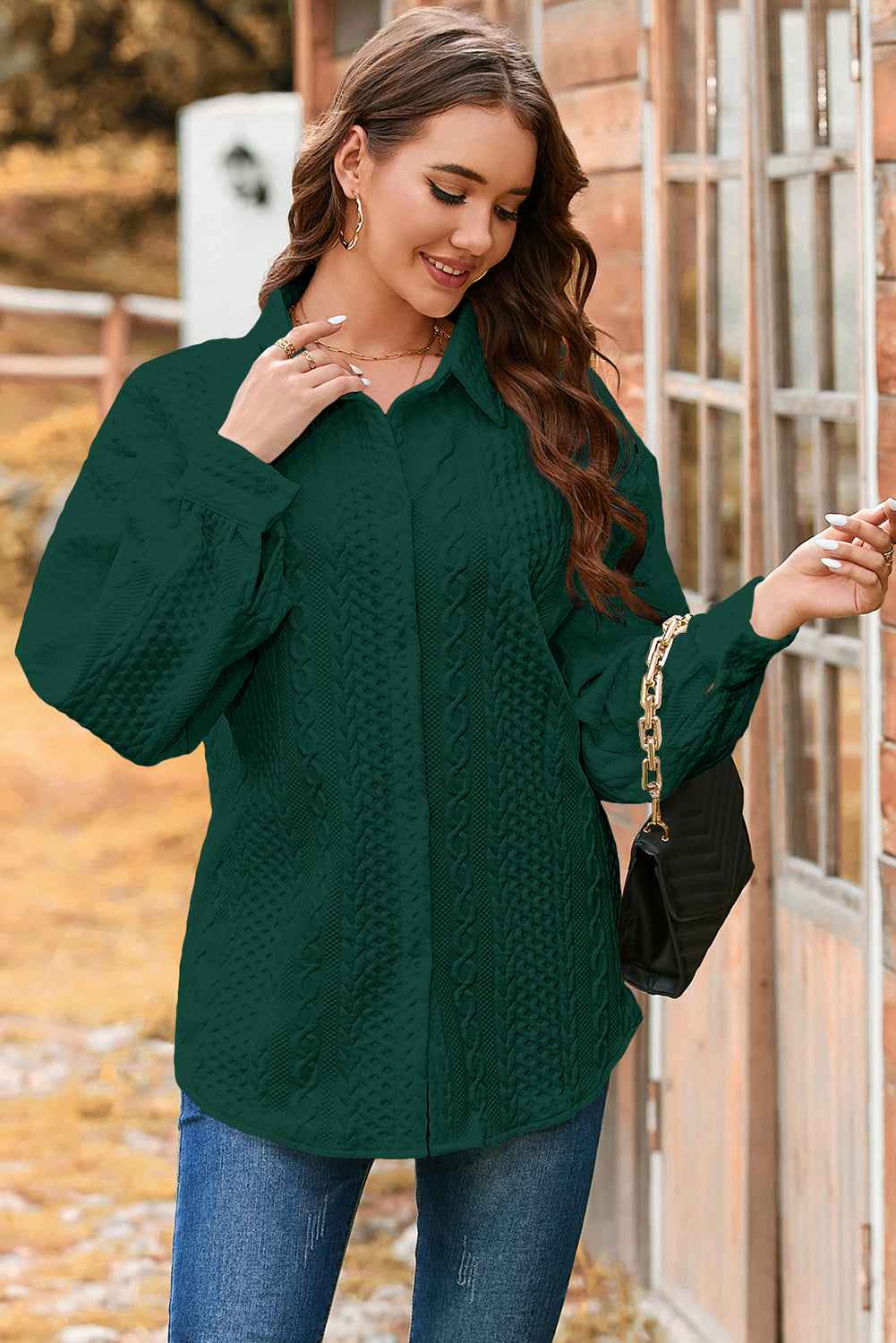 Sepia Rose Cable Texture Puff Sleeve Loose Shacket 5c66cdd3ab2b790f