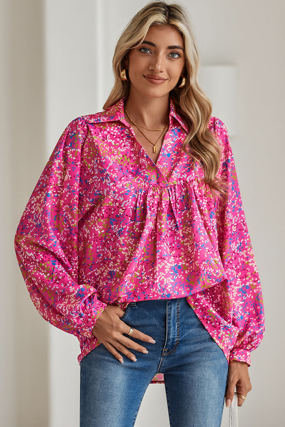 Bonbon Abstract Print Loose Fit Collared V Neck Babydoll Blouse 5c6f581a283c3bf7