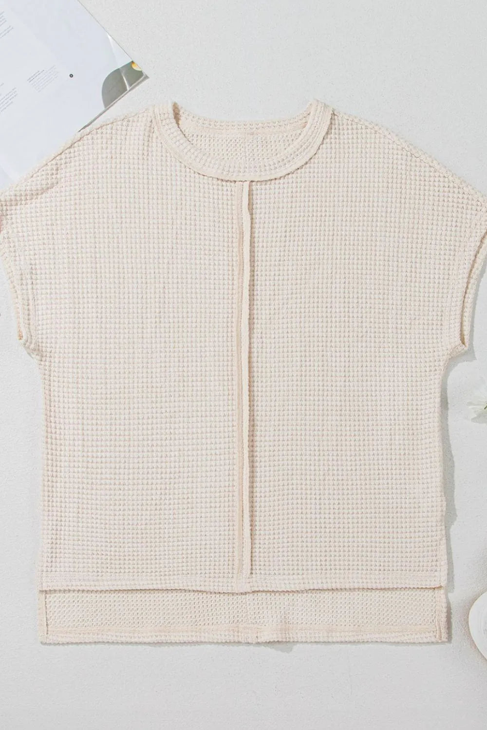 Solid Color Textured Seamed Short Sleeve Top 5c71206a-5d7b-407b-8726-88f900b86531-Max-Origin