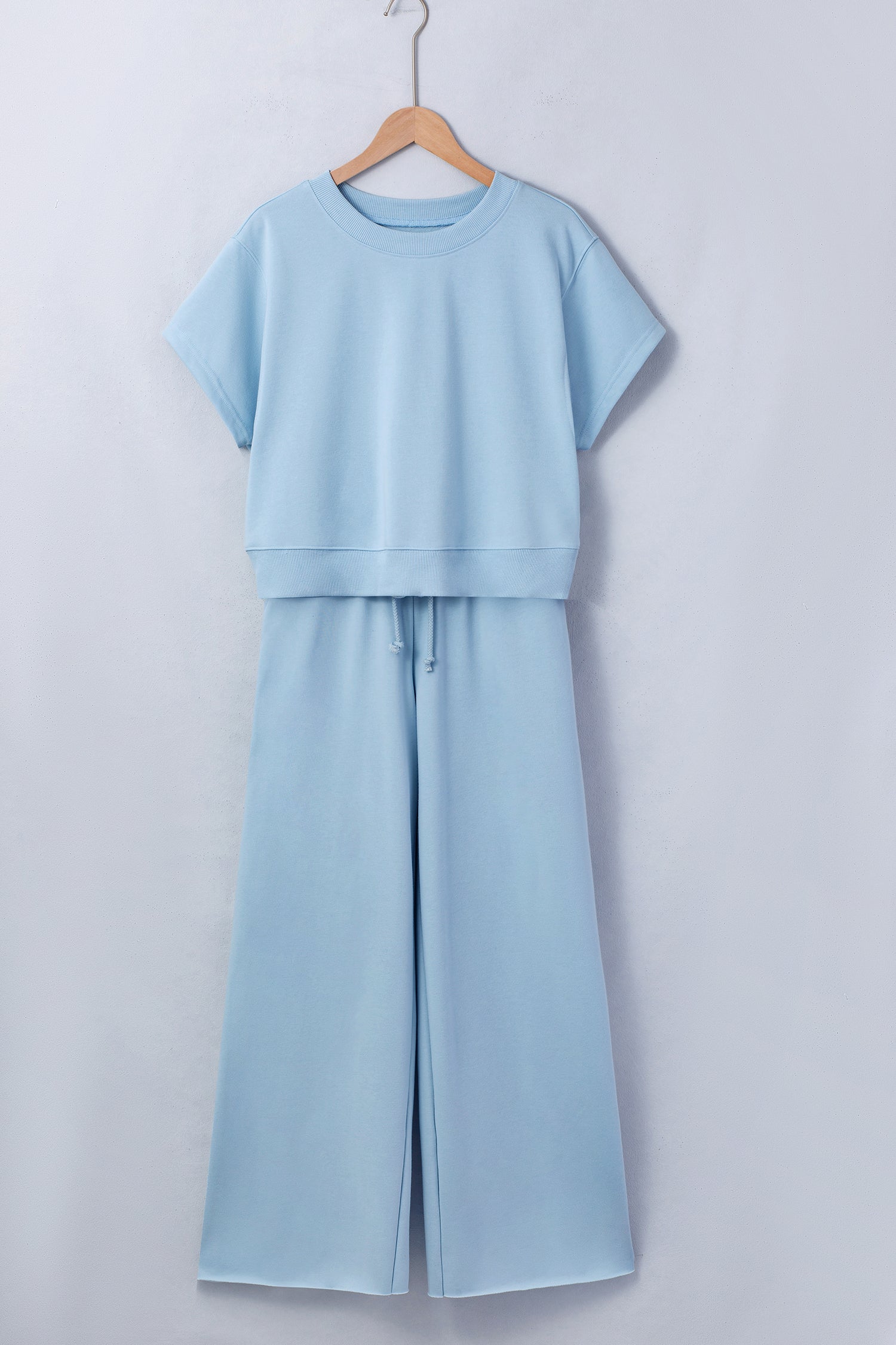 Mist Blue Solid Color Loose Tee Drawstring Wide Leg Pants 2pcs Outfit 5c717ffc8c7b4267