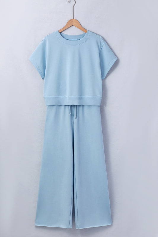 Mist Blue Solid Color Loose Tee Drawstring Wide Leg Pants 2pcs Outfit 5c717ffc8c7b4267