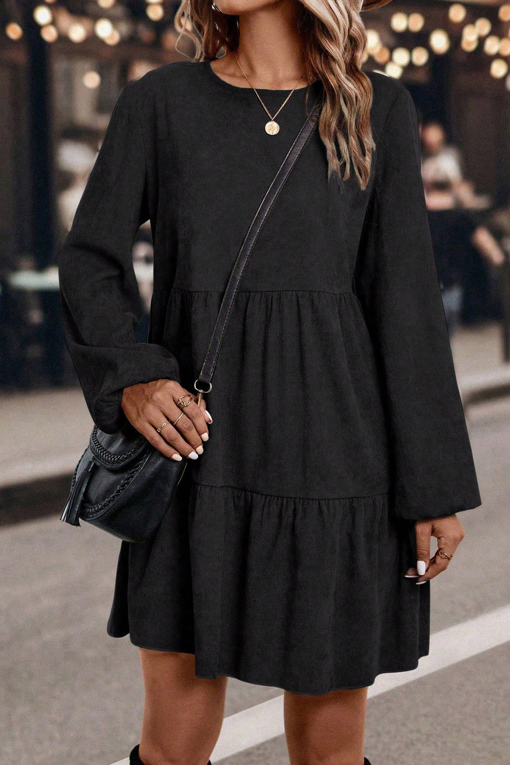 Dark Brown Lantern Sleeve Tiered Mini Dress 5c7567e7d0f1c44b
