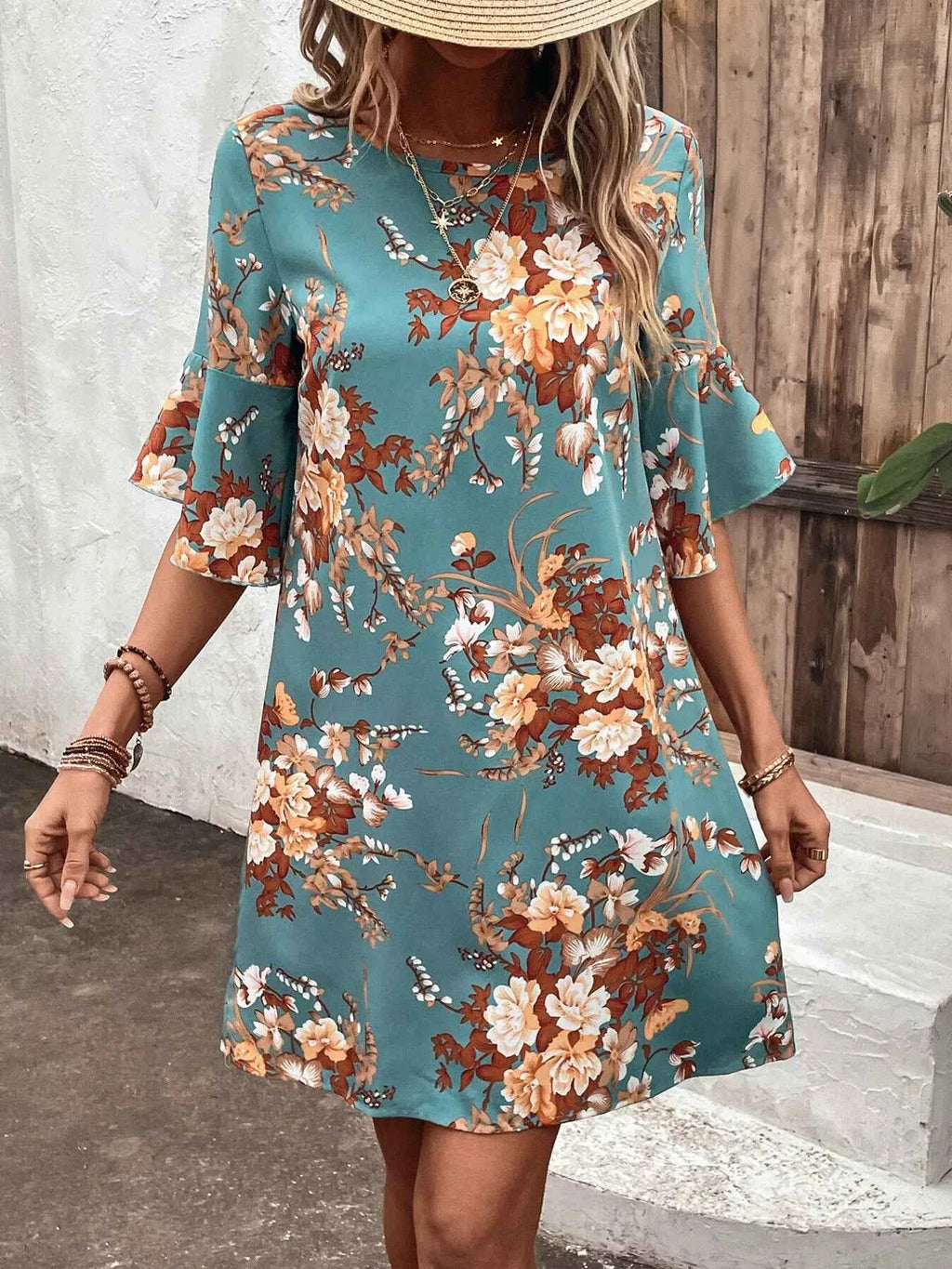 Floral Print Half Sleeve Mini Dress 5c7690adebb949ef820e70ecb8389b66-Max-Origin