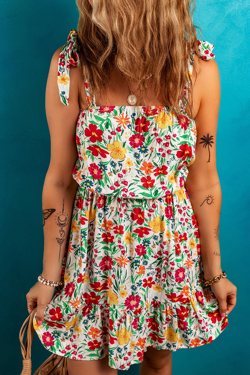 Red Floral Print Knotted Strap Cinched Waist Ruffle Hem Mini Dress Red 5c771c8c29e52d6a