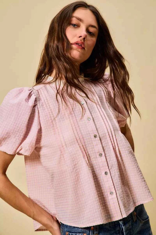 Gingham Lace Trim Button Bubble Sleeves Blouse 5c796d63845a433fa25989860792d3fc-Max-Origin